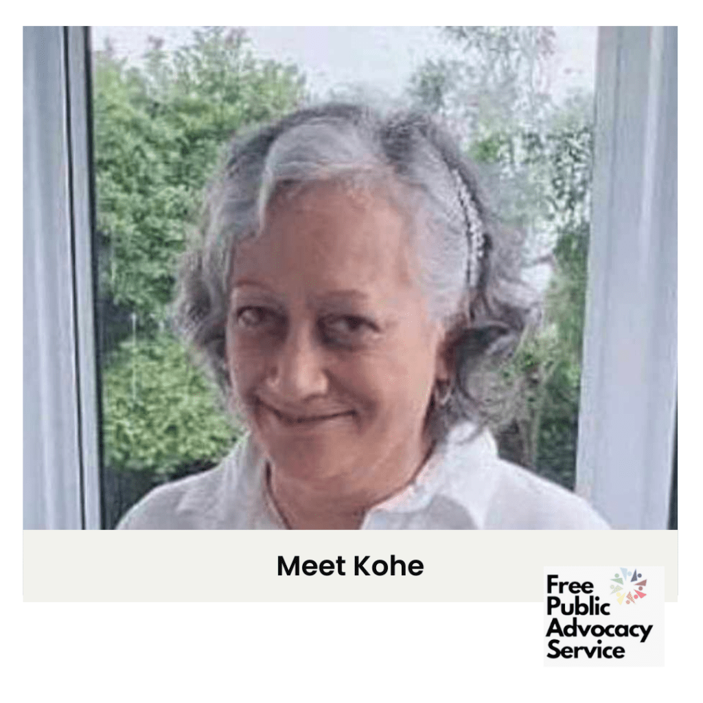 Picture of Kohe who smiling is wearing a white collared shirt and standing in front of a white rimmed window with green trees outside. Text at the bottom says "Meet Kohe" with the colourful Free Public Advocacy Service logo.