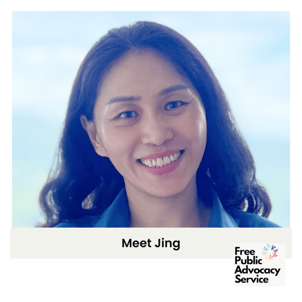 A profile picture of Jing, a volunteer with the Free Public Advocacy Service